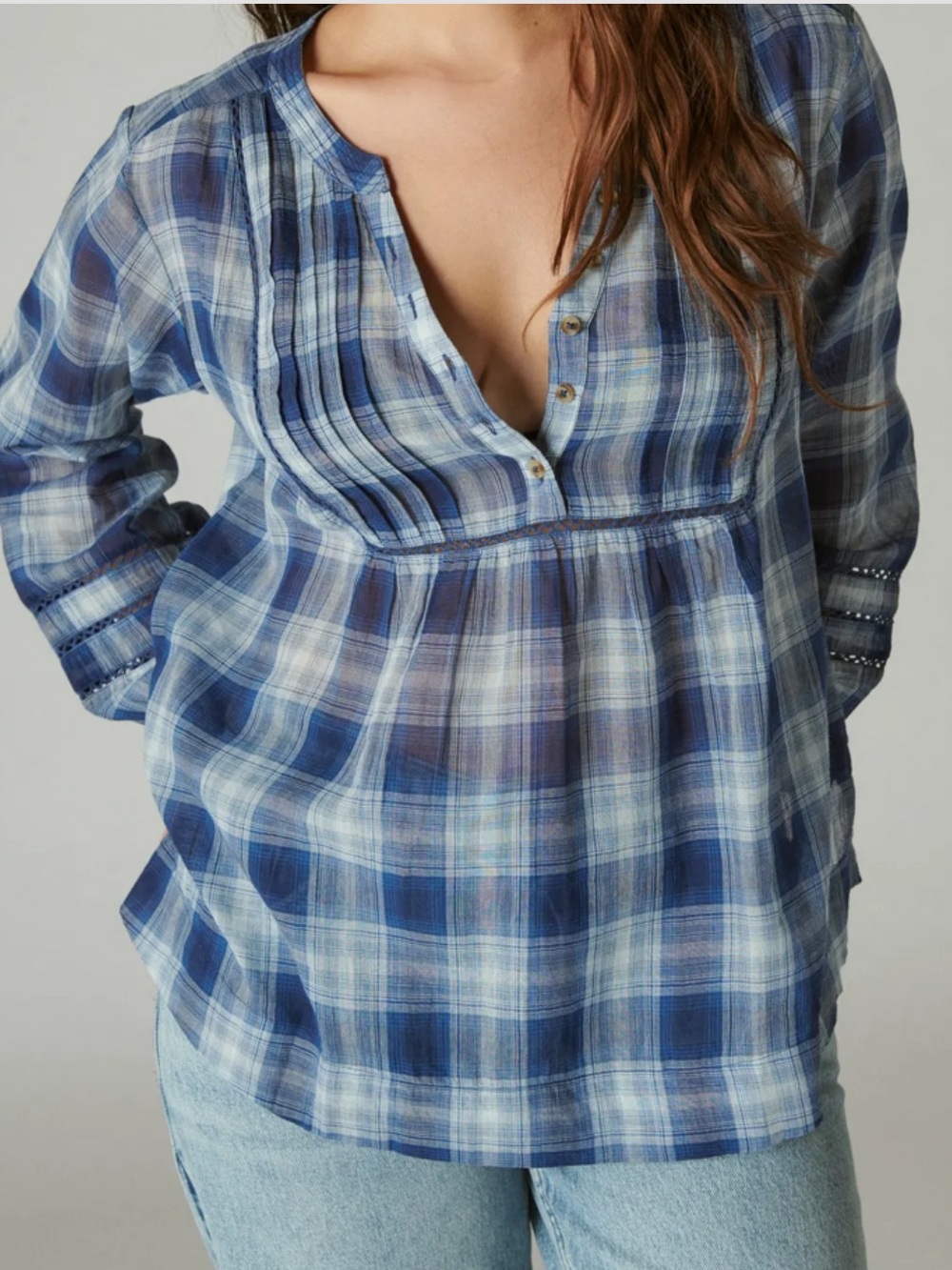 Lucky Brand Blue Plaid Popover Shirt 100% Cotton Boho Peasant Flowy Size Large